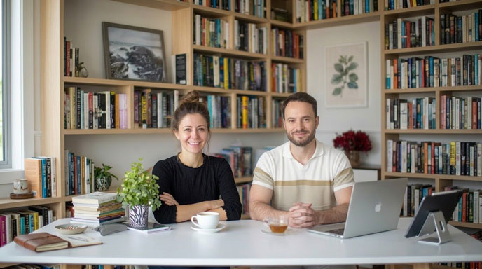 Aline und Andreas Tschanz sitzen am Pult