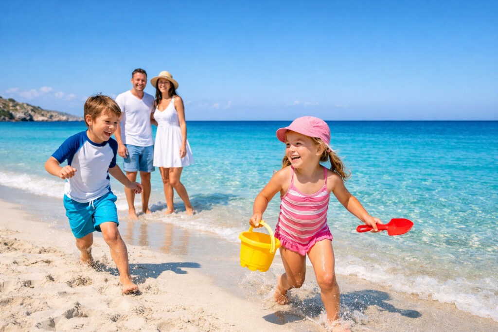 Familienurlaub Pauschalreise – Familie am Strand mit Kindern