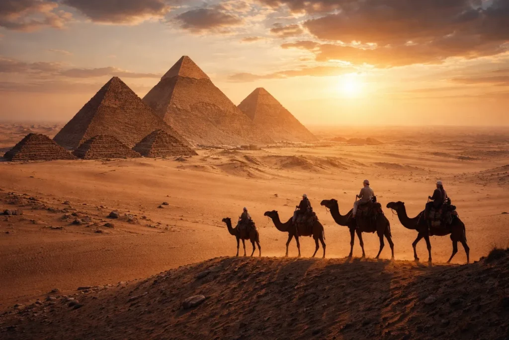 Pauschalreise Ägypten – Pyramiden von Gizeh bei Sonnenaufgang