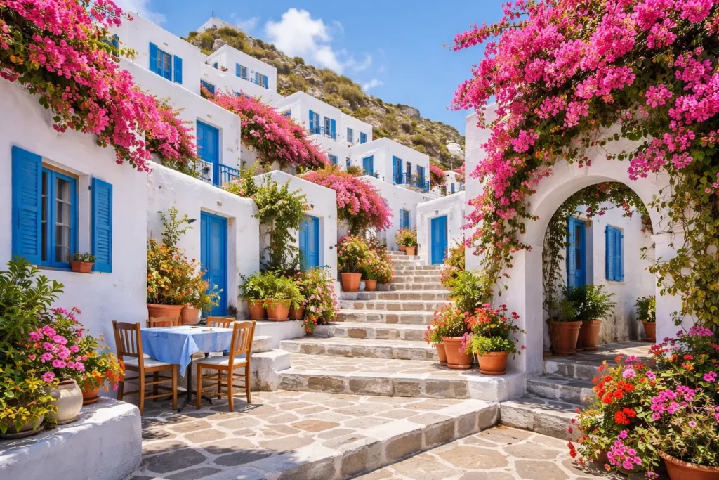 Pauschalreise Griechenland – traditionelles weißes Dorf mit Bougainvillea