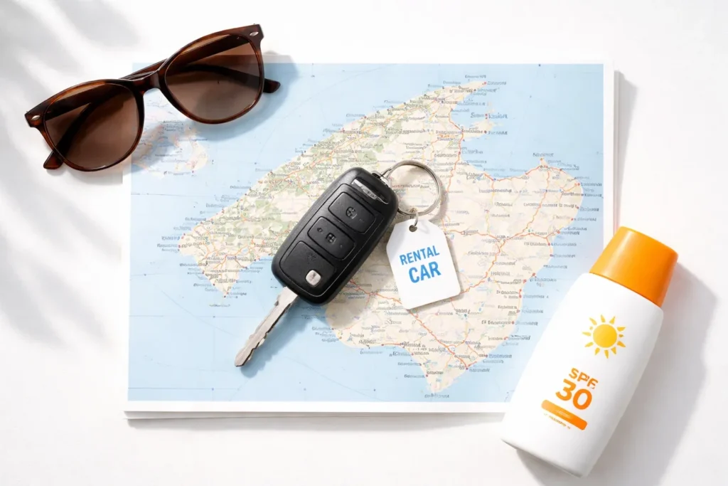 Mietwagen Preisvergleich - Autoschlüssel auf landkarte mit Sonnenbrille und Sonnencreme