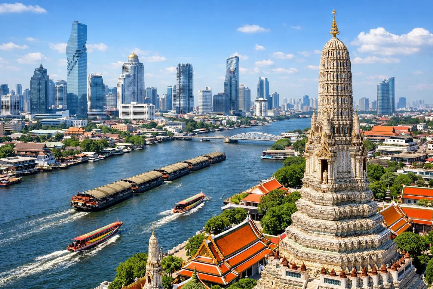 Pauschalreise Thailand Bangkok – Chao Phraya Fluss mit Wat Arun und moderner Skyline
