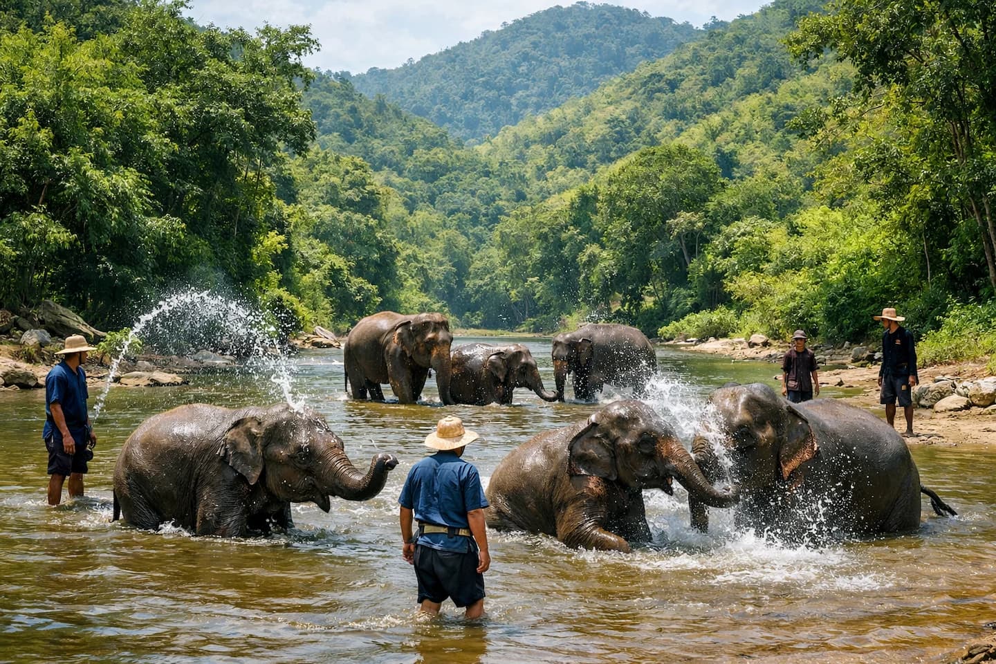 Pauschalreise Thailand Chiang Mai – Asiatische Elefanten im Sanktuarium beim Baden im Fluss