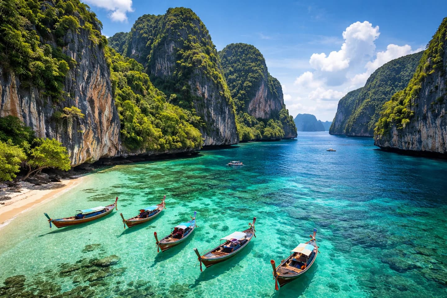 Pauschalreise Thailand Phuket – Phi Phi Inseln mit Kalksteinfelsen und türkisem Andamanensee