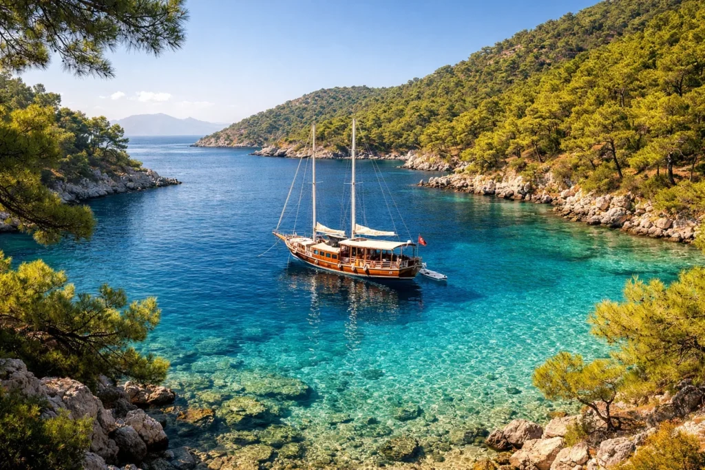 Pauschalreise Türkei – einsame Bucht an der Türkisküste mit Segelboot