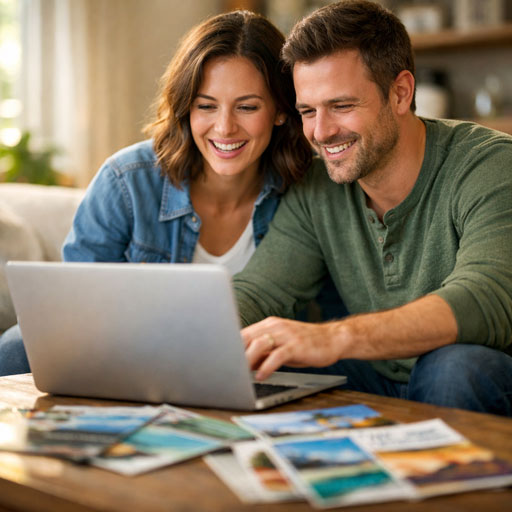 Pärchen vergleicht Pauschalreisen am Laptop zu Hause