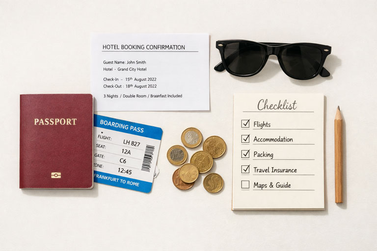 Pauschalreisen Guide – Checkliste und Reiseunterlagen auf dem Tisch