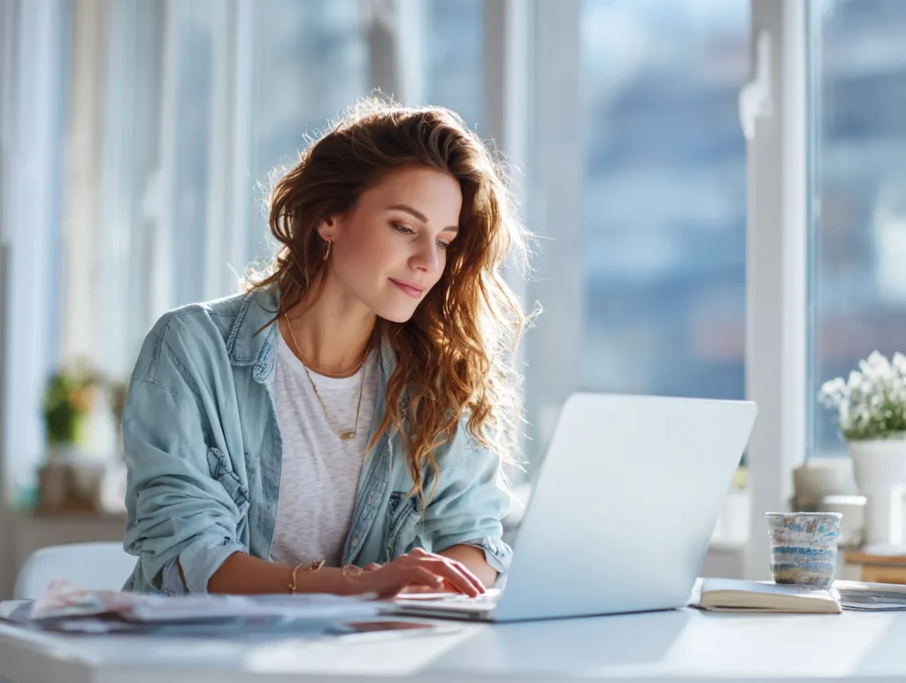 Frau vergleicht Pauschalreise-Angebote verschiedener Reiseveranstalter am Laptop